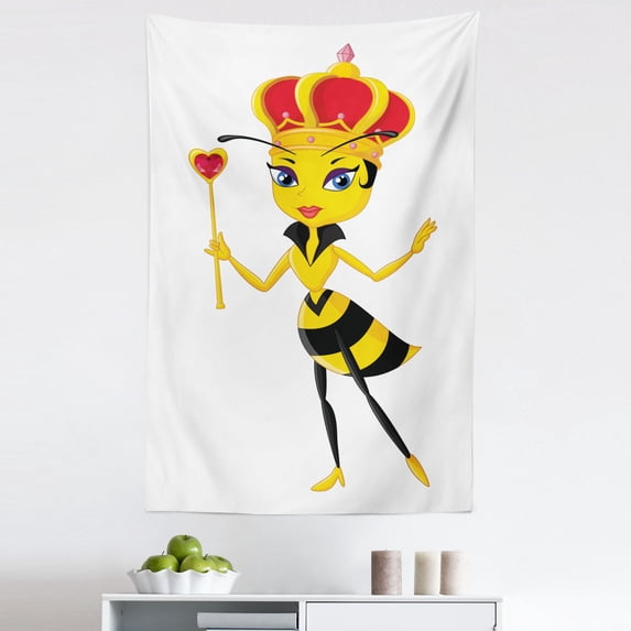 Queen Bee Tapestry, Cartoon Style Crown and Wand Heart Design Insect Image, Fabric Wall Hanging Decor for Bedroom Living Room Dorm, 5 Sizes, Scarlet Black Yellow, by Ambesonne