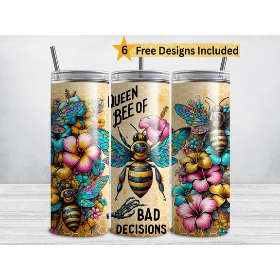 Queen Bee of Bad Decisions 20 oz Straight Skinny Tumbler, Funny Sassy Mom, Snarky Sarcastic Quotes, Reusable Travel Cup with Lid and Straw