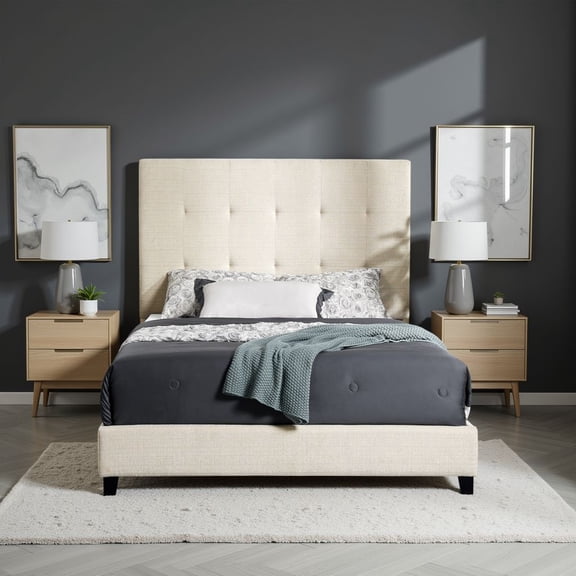 Queen Beige Tufted Upholstered Platform Bed Frame | Polyester Fabric, Laminated Veneer Lumber & Plywood | 64"W x 83"D x 60"H | Max 750 lbs | Modern Bedroom Furniture