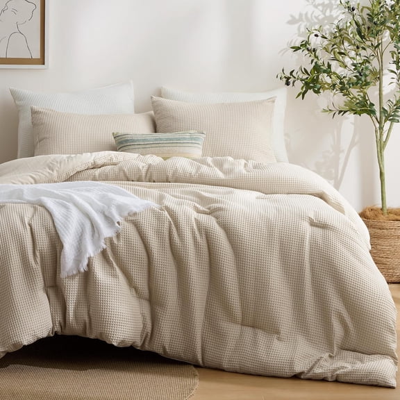 Queen Beige Waffle Weave Comforter Set 3 Piece with 90x90 Inch Comforter and Two 20x26 Inch Pillowcases