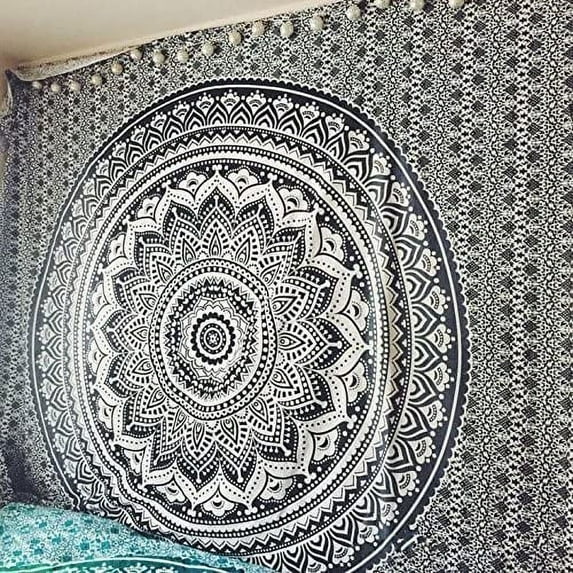 Queen Black Grey Tapestry Mandala Art Hippie Wall Hanging Bohemian Bedspread Tapestries 81"x88"