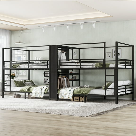 Queen Black Metal Quadruple Bunk Bed with Built-in Wardrobe & Shelves, Noise-Free Frame, Industrial Style, 175.6" L