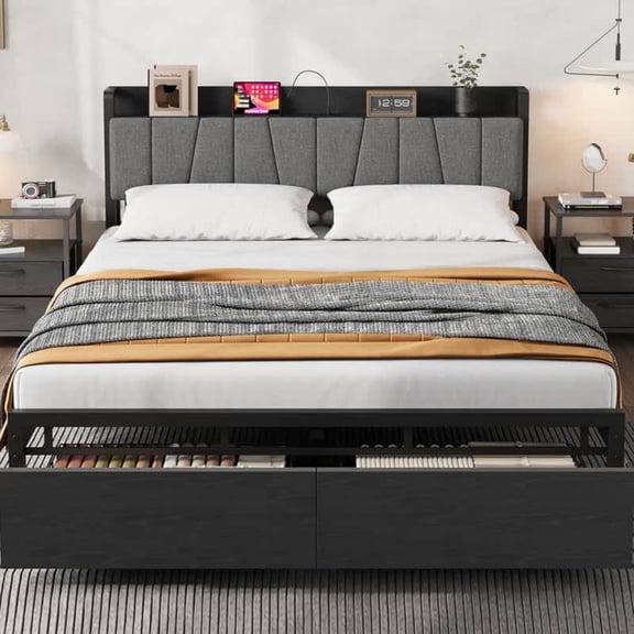 Queen Black Upholstered Platform Bed Frame with Tall Headboard Built in Charging Station Sturdy Metal Slats Spacious Storage Drawers on Wheels Easy Assembly