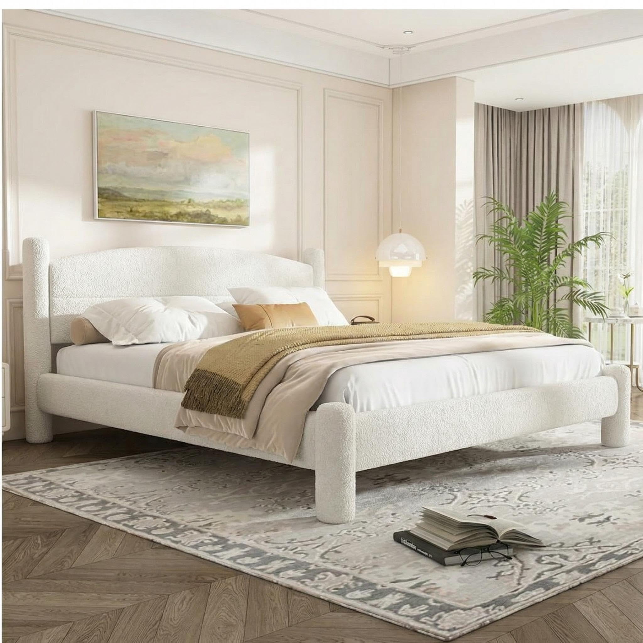 Queen Bouclé Upholstered Platform Bed Frame with Soft Rounded Headboard & Cylindrical Legs, Heavy-Duty, Quiet, No Box Spring Required