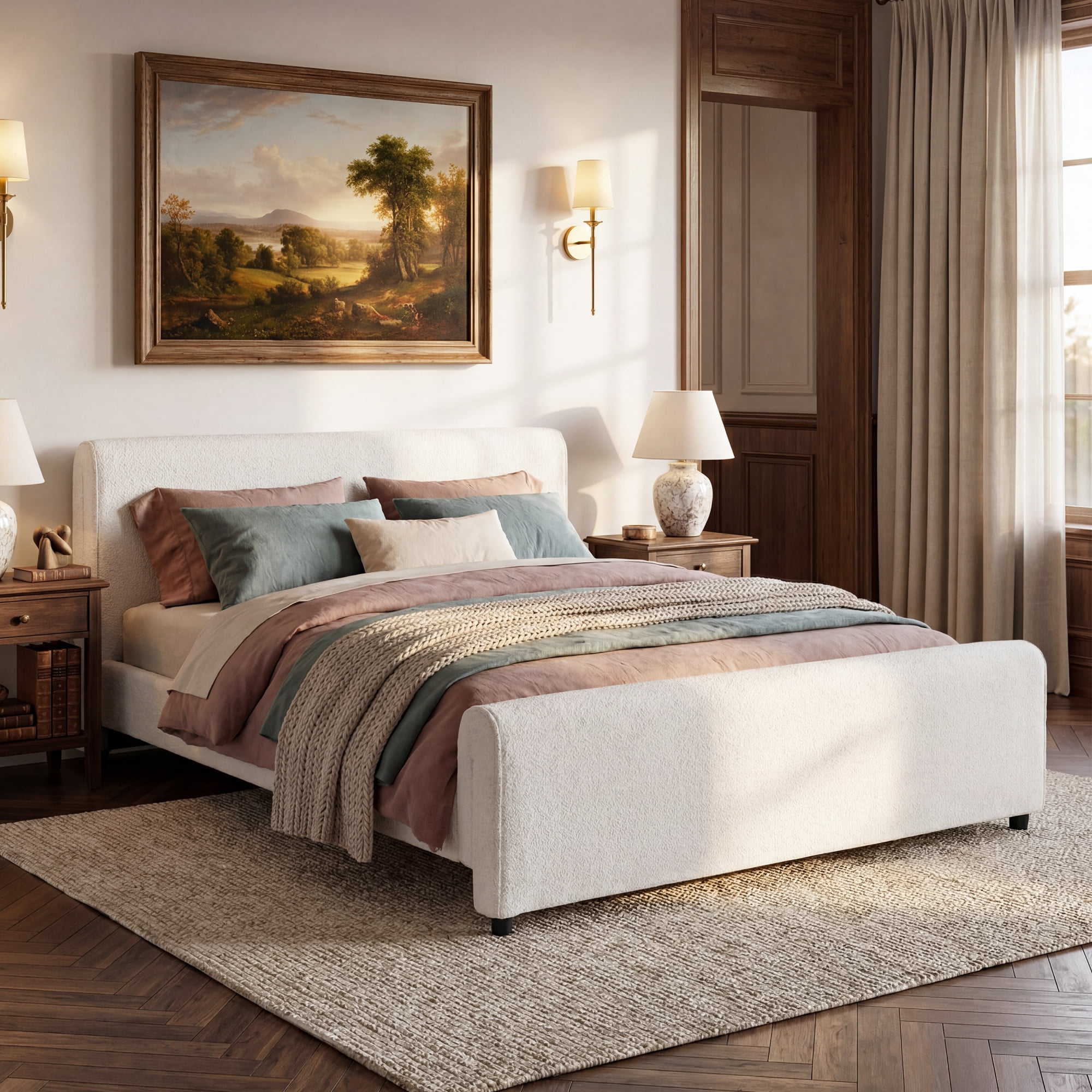 Queen Bouclé Upholstered Platform Bed with Headboard & Footboard, No Box Spring Needed