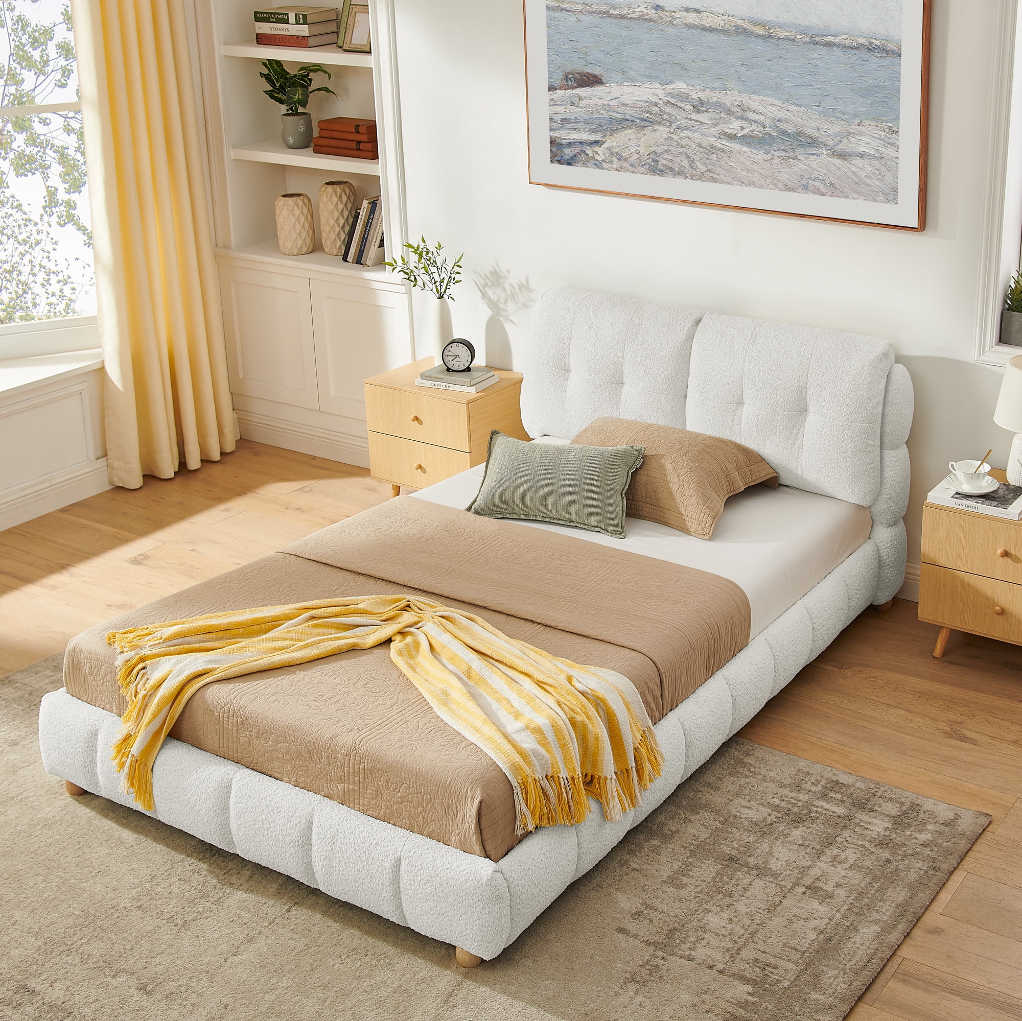 Queen Boucle Platform Bed Frame, Upholstered Cloud Headboard Bed, Modern Cream White Low Profile Bed with Wood Legs, No Box Spring Needed, Beige