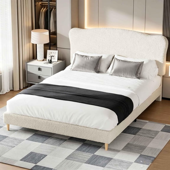 Queen Boucle Upholstered Platform Bed Frame, Curved Wave Padded Headboard