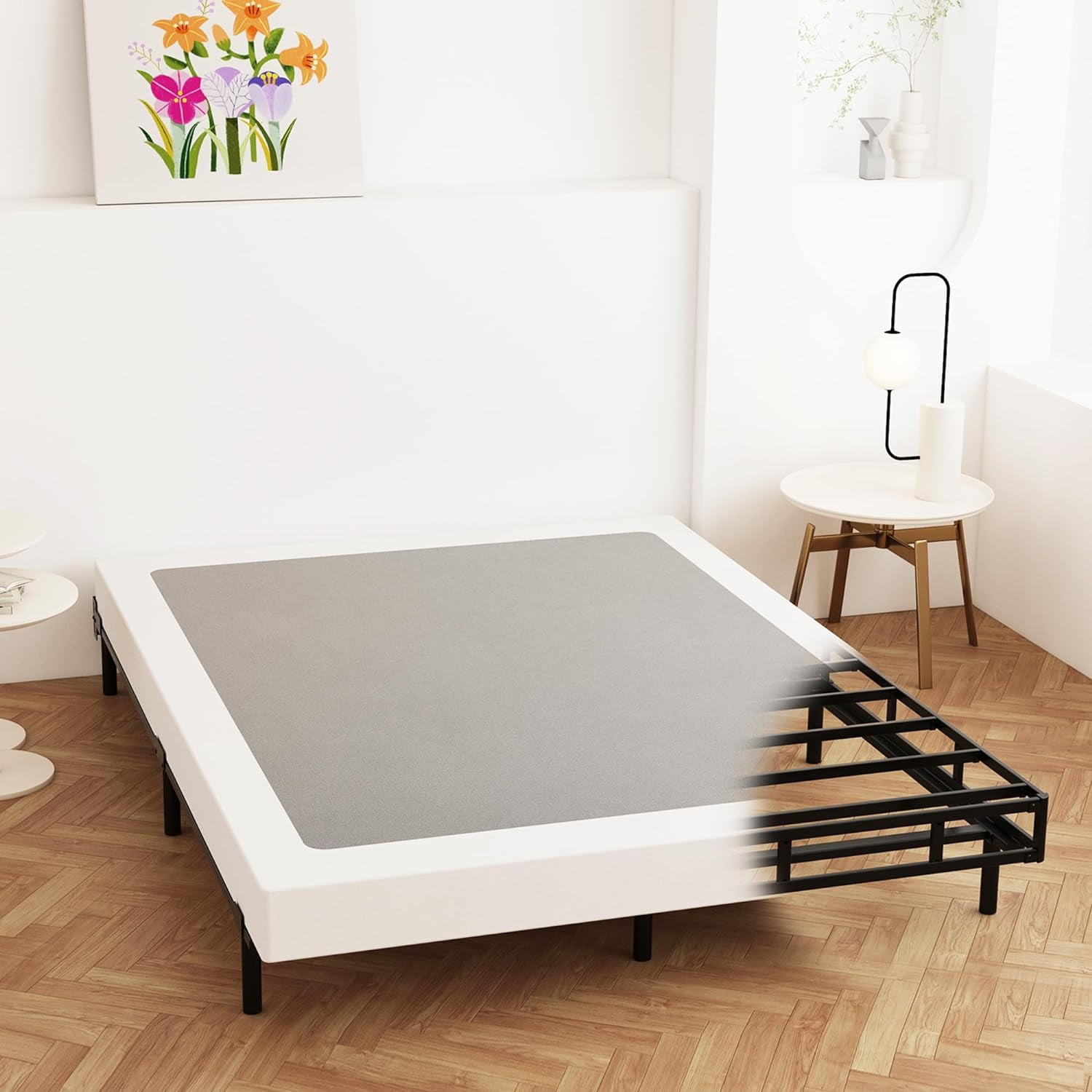 Queen Box Spring 4 Inch Low Profile, Heavy Duty Metal Box Spring Bed Base with Fabric Cover