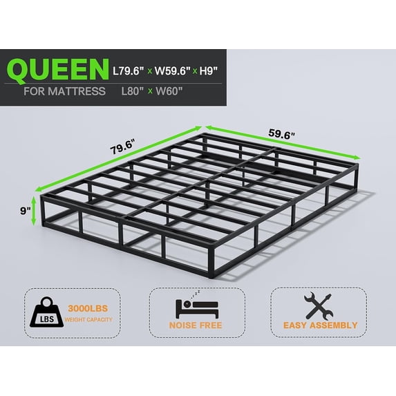 Queen Box Spring 9 Inch High Profile Black Metal Mattress Foundation with Fabric Cover, Easy Assembly, Non-Slip & Noise-Free