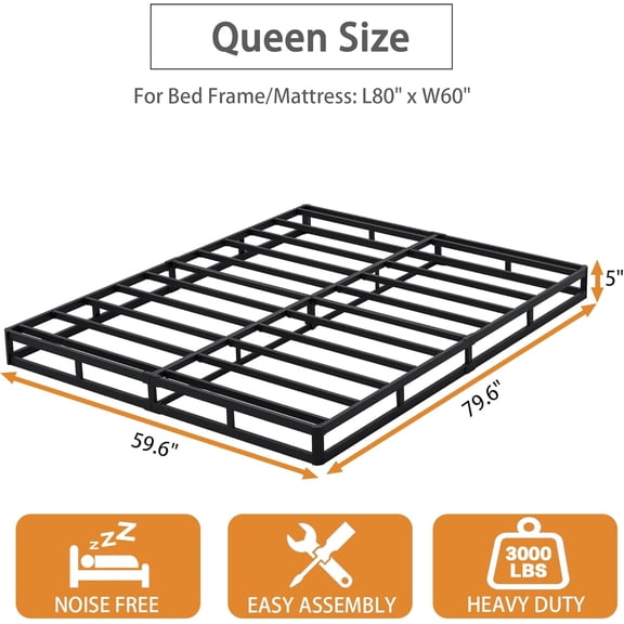 Queen Box Spring Bed Base 5 Inch, 3000lbs Heavy Duty Box Spring Queen Size Metal Mattress Foundation, Tool-Free Easy Assembly, Noise Free