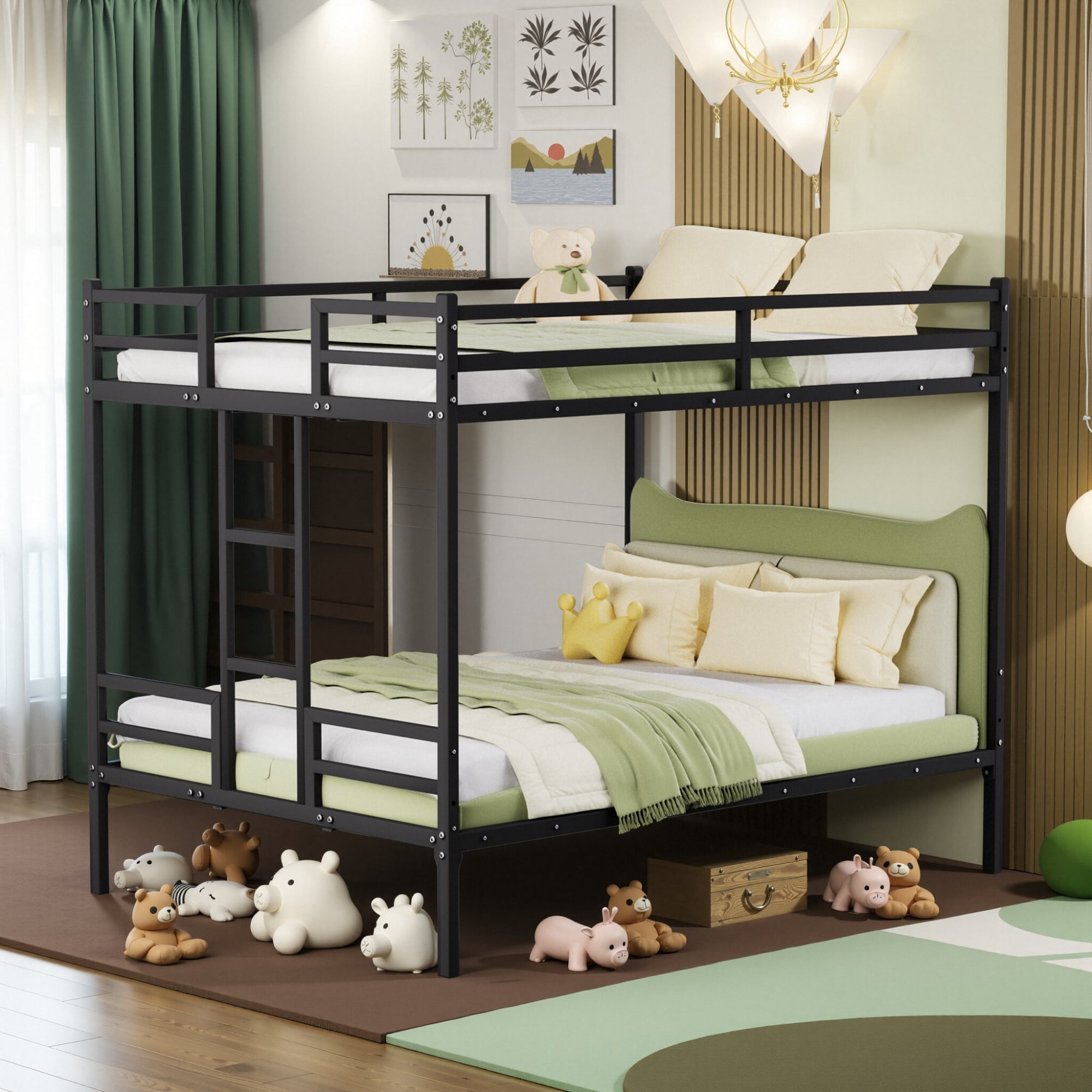 Queen Bunk Bed 83.9 Inch, Metal Bed Frame with Full-Length Guardrail and Ladder for Kids, Space-Saving Bunk Bed for Children's Bedroom, Black
