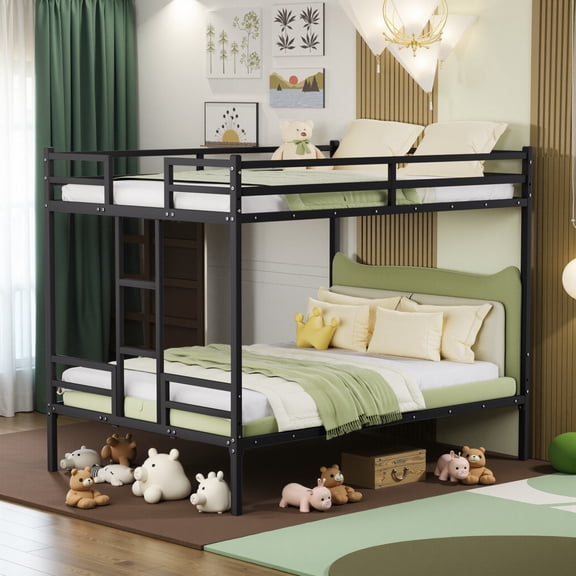 Queen Bunk Bed 83.9 Inch, Metal Bed Frame with Full-Length Guardrail and Ladder for Kids, Space-Saving Bunk Bed for Children's Bedroom, Black