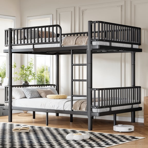 Queen Bunk Bed, Upgraded Round-Pipe Metal Frame, Metal Bunk Bed Frame, Sturdy Metal Slats, for Bedroom