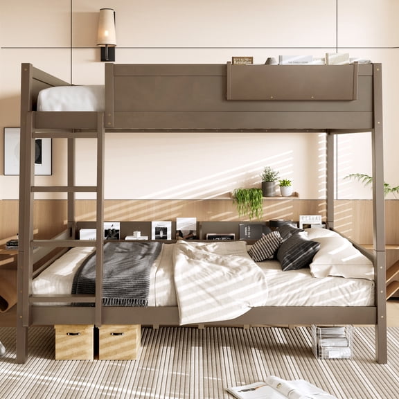 Queen Bunk Bed With Storage Shelf and Bookshelf,Wood Bunk Bed with Ladder and Guardrails,Detachable Design,Vintage brown