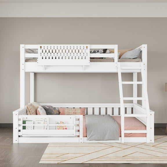 Queen Bunk Bed with Ladder and Guardrails, Pegboard and bookshelf,White