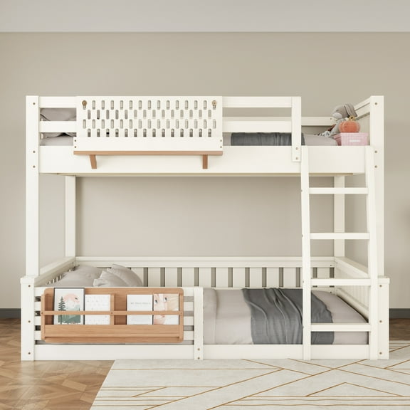 Queen Bunk Bed with Ladder and Guardrails, Pegboard and bookshelf,White