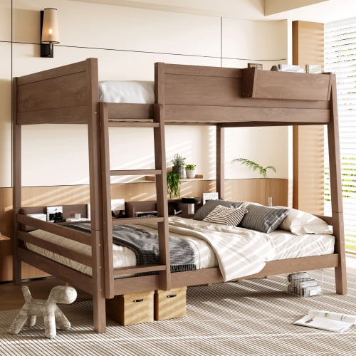 Queen Bunk Bed with Storage and Bookshelf, Wood Bunk Bed with Ladder and Guardrails, Detachable to Two Beds, Vintage Wood