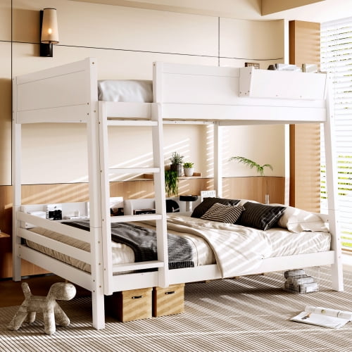 Queen Bunk Bed with Storage and Bookshelf, Wood Bunk Bed with Ladder and Guardrails, Detachable to Two Beds, White