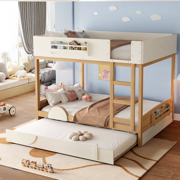 Queen Bunk Bed with Trundle , Wood Bunk Bed Frame with Built-in Bookshelf and High-quality Safety Guardrail,Automobile Form Design ,Natural&Beige