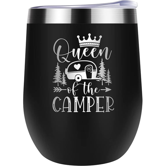 Queen of The Camper Wine Tumbler Gifts from Husband Boyfriend Friend | Camper Happy Lover Couples Glass for Women |12 oz Coffee Cup Outdoor Stainless Steel Insulated Travel Mug with Lid