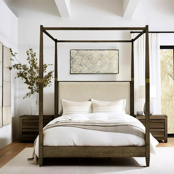 Queen Canopy Bed Frame In Brown - Solid Wood Construction With Upholstered Headboard And Metal Finish Veneer Well-tailored