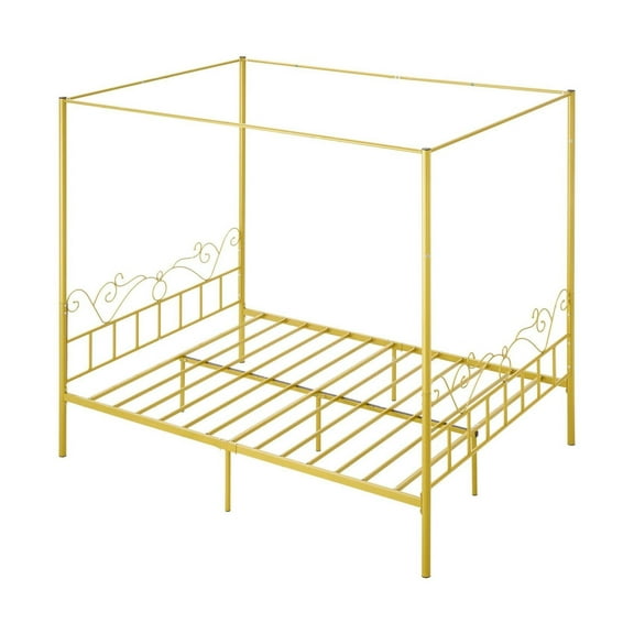 Queen Canopy Bed Frame, Metal Bed with Headboard & Four Posters, Heavy Duty Steel Slats, Underbed Storage, No Box Spring, Easy Assembly, Gold