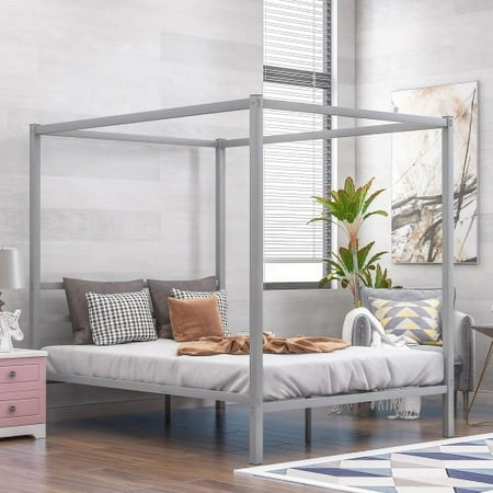 Queen Canopy Bed Frame Metal Four Posters 14 inch Platform with Built-in Headboard Strong Metal Slat Mattress Support,No Box Spring Needed,Sliver