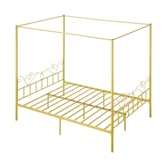 Queen Canopy Bed Frame Metal, Minimalist Headboard, 4 Poster Design, Heavy Duty Steel Slats, Under Bed Storage, No Box Spring, Easy Assembly