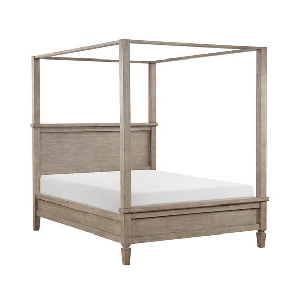 Queen Canopy Bed, Gray Oak Finish Wooden Platform Bed Frame with Slats, No Box Spring Required, 67.5" x 90" x 81"H, Transitional Poster Bed for Master Bedroom, Oak Veneer Construction
