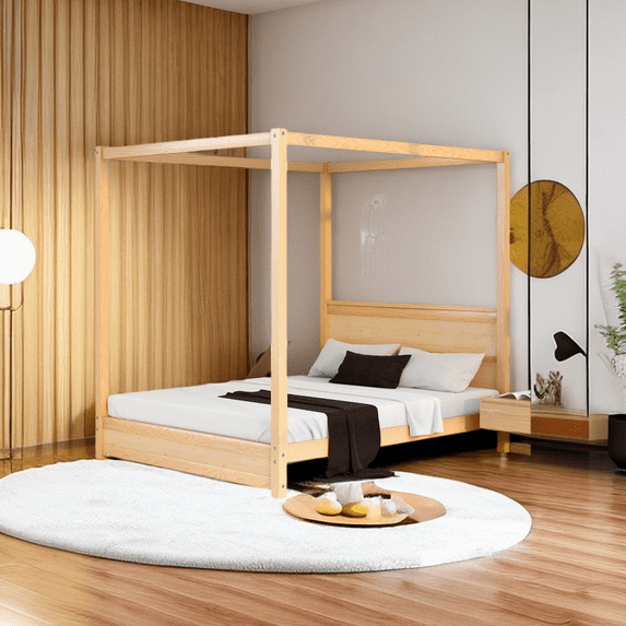 Queen Canopy Bed with Headboard,Wooden Canopy Bed Frame Queen with Support Legs, Queen Size Platform Bed Frame for Teens Adults, No Box Spring Needed