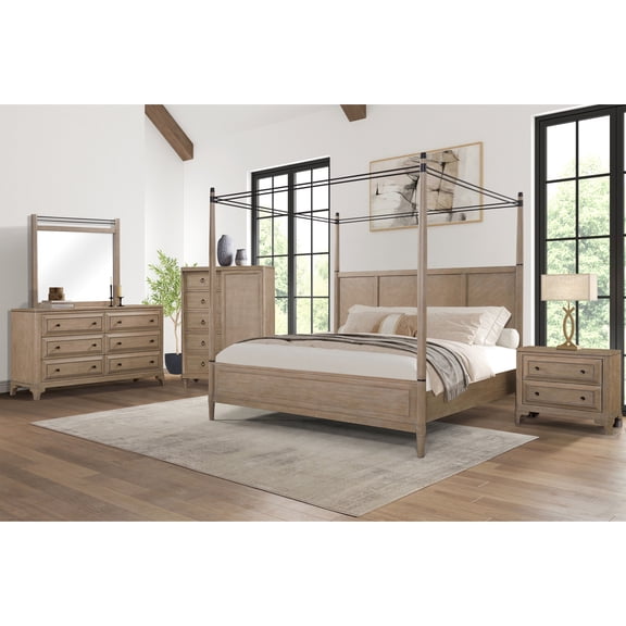 Queen Canopy Bedroom : 2 Drawer Nightstand, Fashionable Dresser With Poster Mirror, Door Chest, Sand Finish, Metal Ornaments, Felt & Lined Drawers, Solid Wood And 5 Ensemble: Bed, Nightstand