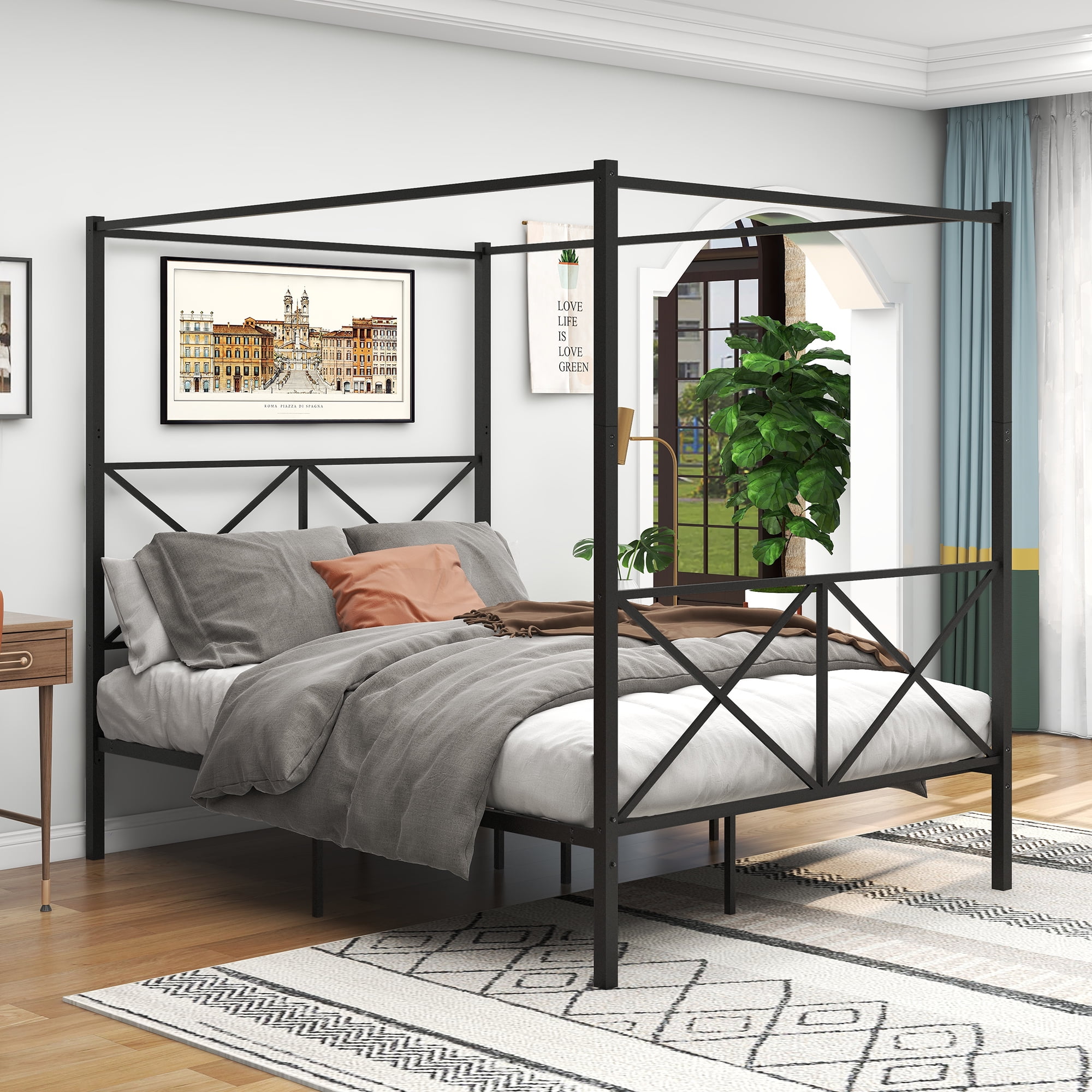 Queen Canopy Platform Bed Metal Canopy Bed Frame with X Shaped