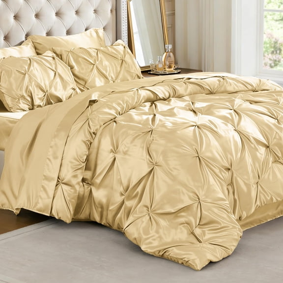 Queen Champagne 7-Piece Pintuck Satin Bed-in-a-Bag Set