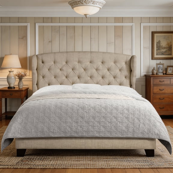 Queen Classical Bed Frame Adjustable Button Tufted Headboard, Fabric Upholstered Platform Bed, Strong Wooden Slats, Easy Assembly, Beige