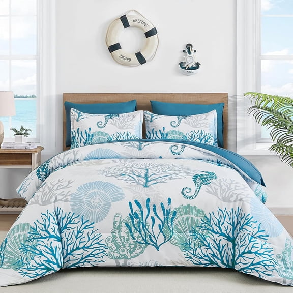 Queen Coastal Comforter Set 7 Pieces Ocean Themed Seaweed and Seahorse Pattern 90"90"