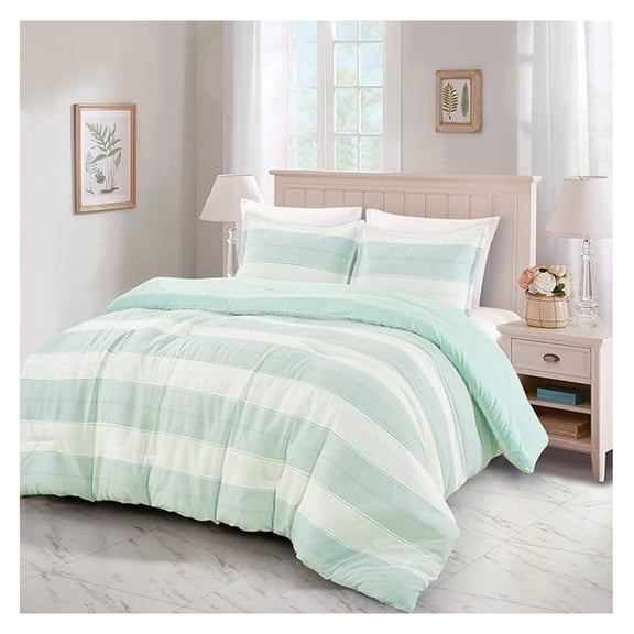 Queen Comforter Set 3 Piece Stripes Cotton Blend Soft Lightweight Down Beige Aqua Light Mint Green Sleek Modern Bedding Set with Pillow Shams-Hydi (3 Piece Queen)
