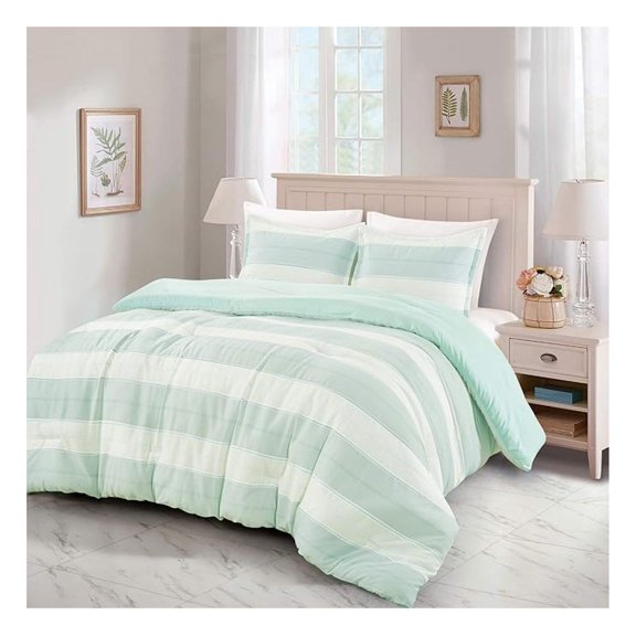 Queen Comforter Set 3 Piece Stripes Cotton Blend Soft Lightweight Down Beige Aqua Light Mint Green Sleek Modern Bedding Set with Pillow Shams-Hydi (3 Piece Queen)