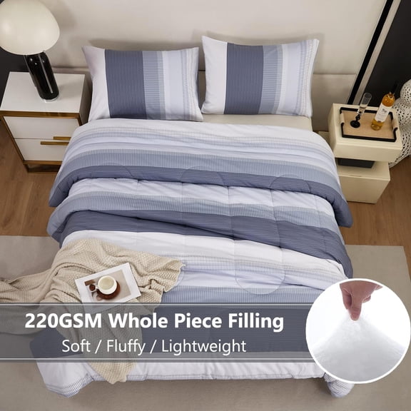 Queen Comforter Set 3 Pieces Bedding Set All Seasons Masculine Striped Pattern Vintage Farmhouse Soft Cozy Bedroom for Elegant Men Teen Girls Boys Gray and White