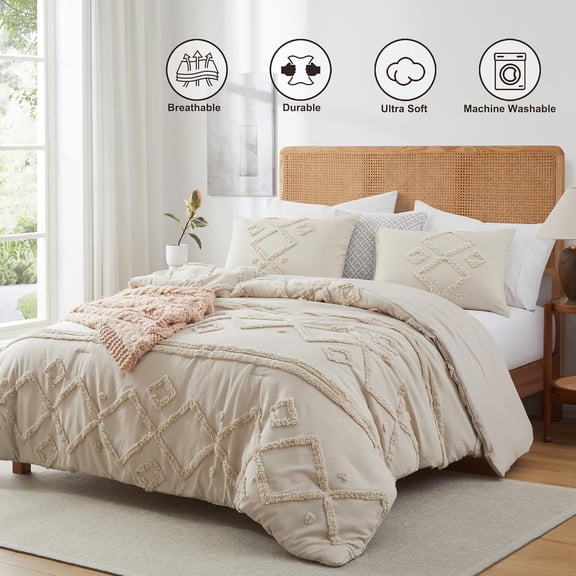 Queen Comforter Set, 3 Pieces Boho Beige Comforter Geometric Tufted Bedding Comforter Sets, Soft Fluffy Comforter with 2 Pillowcases (Beige, Queen)