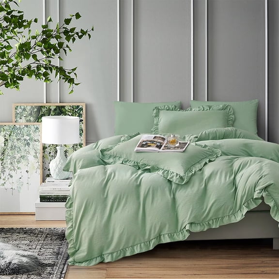 Queen Comforter Set 3 Pieces Ruffle Bedding Sets Sage Green Cute Bedding Comforters & Sets, Lightweight Fluffy Microfibe (90"x90" Comforter & 2 Pillowcases)