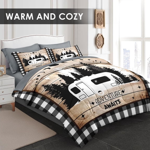 Queen Comforter Set 7 Pcs Camper RV Camping Bedding with Fitted Sheet Pillowcases Shams Soft Microfiber
