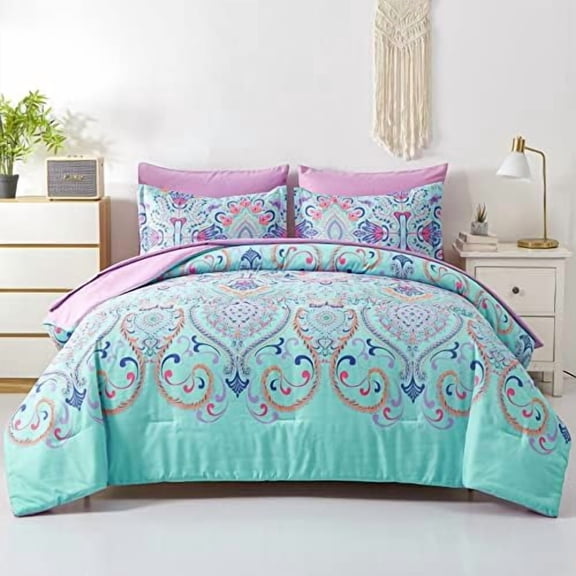 Queen Comforter Set, 7 Piece Bed in a Bag, Boho Aqua and Lilac Damask Medallion Print Comforter with Sheets, Soft Microfiber Complete Bedding Set for All Season (Aqua, Queen)