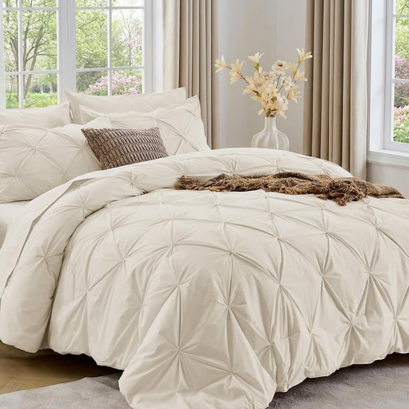 Queen Comforter Set, 7-Piece Bed in a Bag, Pintuck Bedding Sets for All Season, Includes Comforter, Flat Sheet, Fitted Sheet, Pillowcases and Pillowshams, Beige