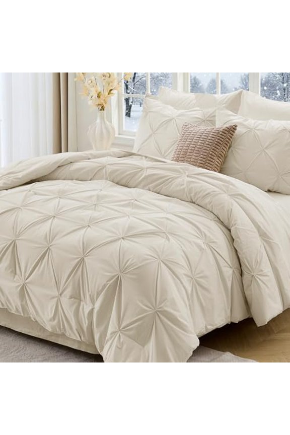 Queen Comforter Set, 7-Piece Bed in a Bag, Pintuck Bedding Sets for All Season, Includes Comforter, Flat Sheet, Fitted Sheet, Pillowcases and Pillowshams, Beige
