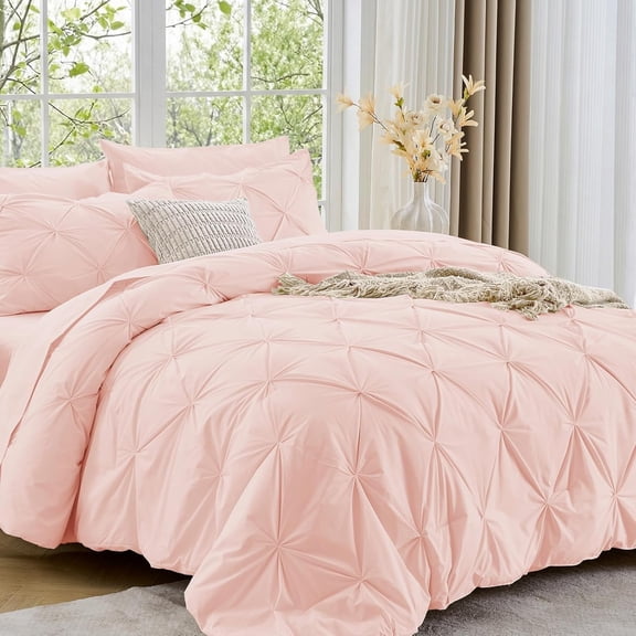 Queen Comforter Set, 7-Piece Bed in a Bag, Pintuck Bedding Sets for All Season, Includes Comforter, Flat Sheet, Fitted Sheet, Pillowcases and Pillowshams, Blush Pink