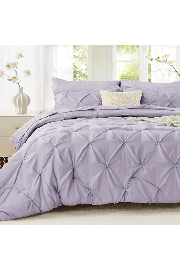 Queen Comforter Set, 7-Piece Bed in a Bag, Pintuck Bedding Sets for All Season, Includes Comforter, Flat Sheet, Fitted Sheet, Pillowcases and Pillowshams, Lavender