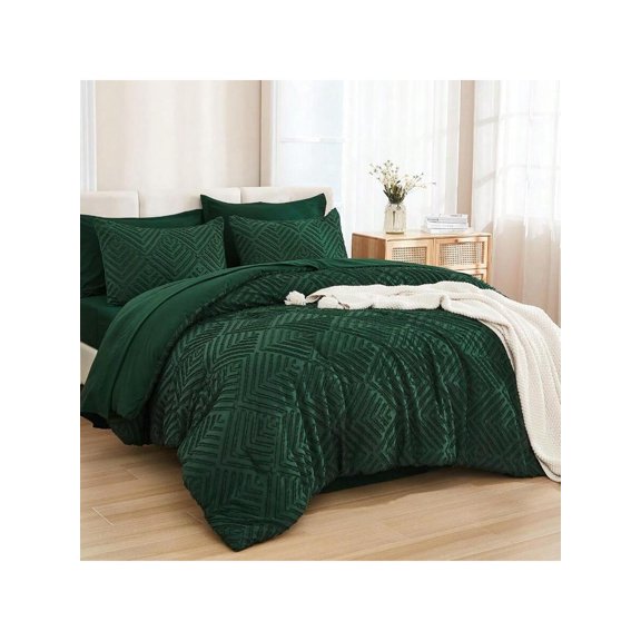 Queen Comforter Set 7 Piece Dark Emerald Green Bed In A Bag Queen Boho Lightweight Fluffy Tufted Bedding Sets With Comforter Sheets Pillowcases Shams