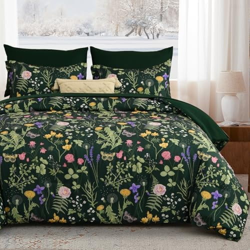 Queen Comforter Set 7 Piece, Dark Green Floral Bedding Set, Bed in a Bag Queen with Botanical Flowers Patterns, Soft Microfiber Complete Bedding Set with Sheets for All Season
