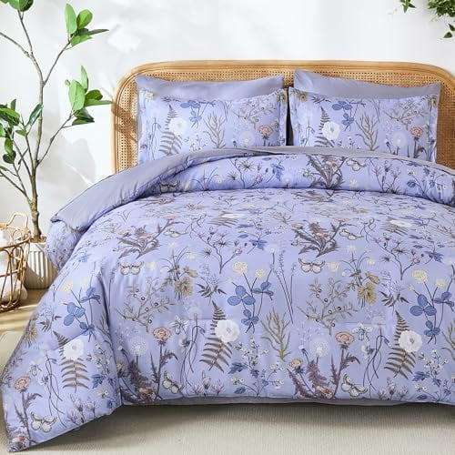 Queen Comforter Set 7 Piece, Purple Floral Bedding Set, Bed in a Bag Queen Size with Botanical Flowers Spring, Soft Lightweight Lavender Comforters with Sheets Complete for All Season
