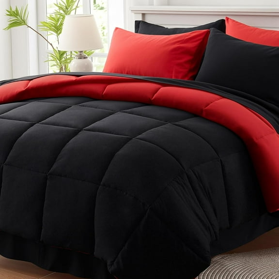Queen Comforter Set 7 Piece, Reversible Bed in a Bag Queen Size, Lightweight Bedding Set with 1 Comforter(88"*88"), 2 Pillow Shams, 2 Pillowcases, 1 Flat Sheet, 1 Fitted Sheet, Red & Black